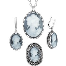 Lady Queen Cameo Jewelry Sets Vintage Necklace Earrings Ring For Women Flower Pe - £18.44 GBP