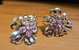 Vintage Gold Tone Floral With Ruby Rhinestone Clip On Earrings Adjustable  - $9.89
