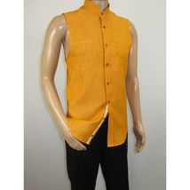 Mens INSERCH linen Shirt Banded Chinese Collar Sleeves-Less SS719 Sunburst image 5