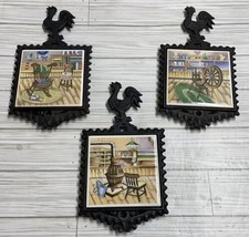 3 Home Interiors Cast Iron Trivets Country Theme Rooster Kitten - $14.69