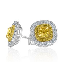 1.73 CT Cushion Natural Fancy Yellow Diamond Stud Earrings 14k White Gold - £3,401.97 GBP