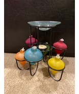 Retro Metal tree holder 6 Multicolor Glass Oil wick Candle lamps 1970’s ... - £87.97 GBP