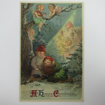 Christmas Postcard Boy Girl &amp; Sit by Tree in Snow Cherub Angels Embossed Antique - £15.72 GBP