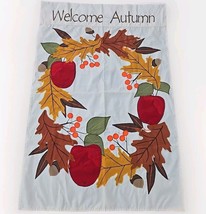 WELCOME AUTUMN Banner 35&quot;x53.5&quot; Leaves Acorns Apples Applique Wreath Shape - £9.39 GBP