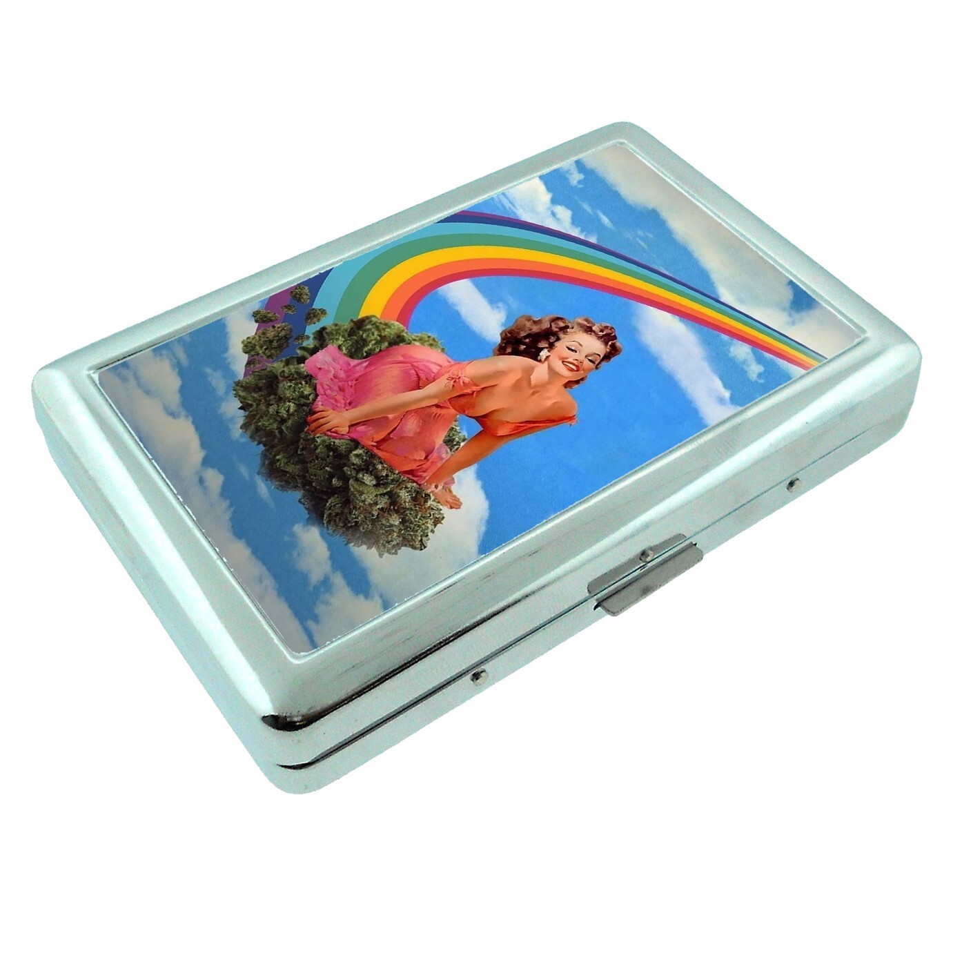 MJ Rainbow Pinup Metal Silver Cigarette Case - $16.78