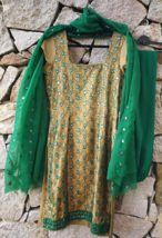 Salwar Kameez Green Silk Readymade Pakistani Stitched Ethnic Preowned Small Med - £28.63 GBP