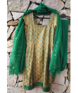 Salwar Kameez Green Silk Readymade Pakistani Stitched Ethnic Preowned Sm... - $36.40