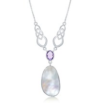 Sterling Silver Mother of Pearl with Oval Amethyst Designed &#39;Y&#39; Necklace - £140.73 GBP
