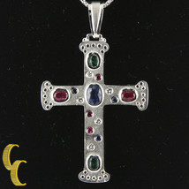 Diamond Emerald Sapphire Ruby Cross 14k White Gold 17&quot; Chain - $3,019.53