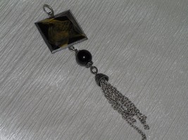 Estate Large Clear Plastic Square with Black Bead &amp; SIlvertone Chain Tassel Pen - £7.46 GBP