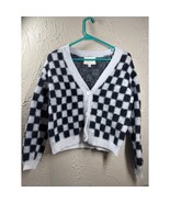 Industry Black White Checkered Fluffy Knit Button Up Cardigan Womens Siz... - $38.45