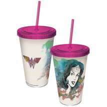 Wonder Woman Face and Logo Watercolor Sketch 16 oz Acrylic Travel Cup NEW UNUSED - £9.28 GBP