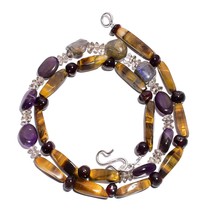 Natural Tiger Eye Amethyst Labradorite Gemstone Smooth Beads Necklace 17... - £7.65 GBP