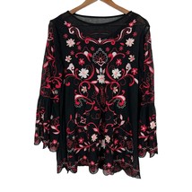 John Mark Tunic Top Large Black Floral Embroidered Layered Sheer Bell Sleeve - £46.97 GBP