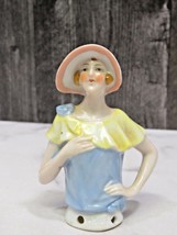 Porcelain Bisque Flapper Girl Half Doll Pincushion Head Hat 1920s Germany #74507 - £37.11 GBP