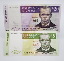 Malawi Banknotes, 20 Kwacha 2009 P-52d &amp; 5 Kwachas 1995 P-36a - $4.94
