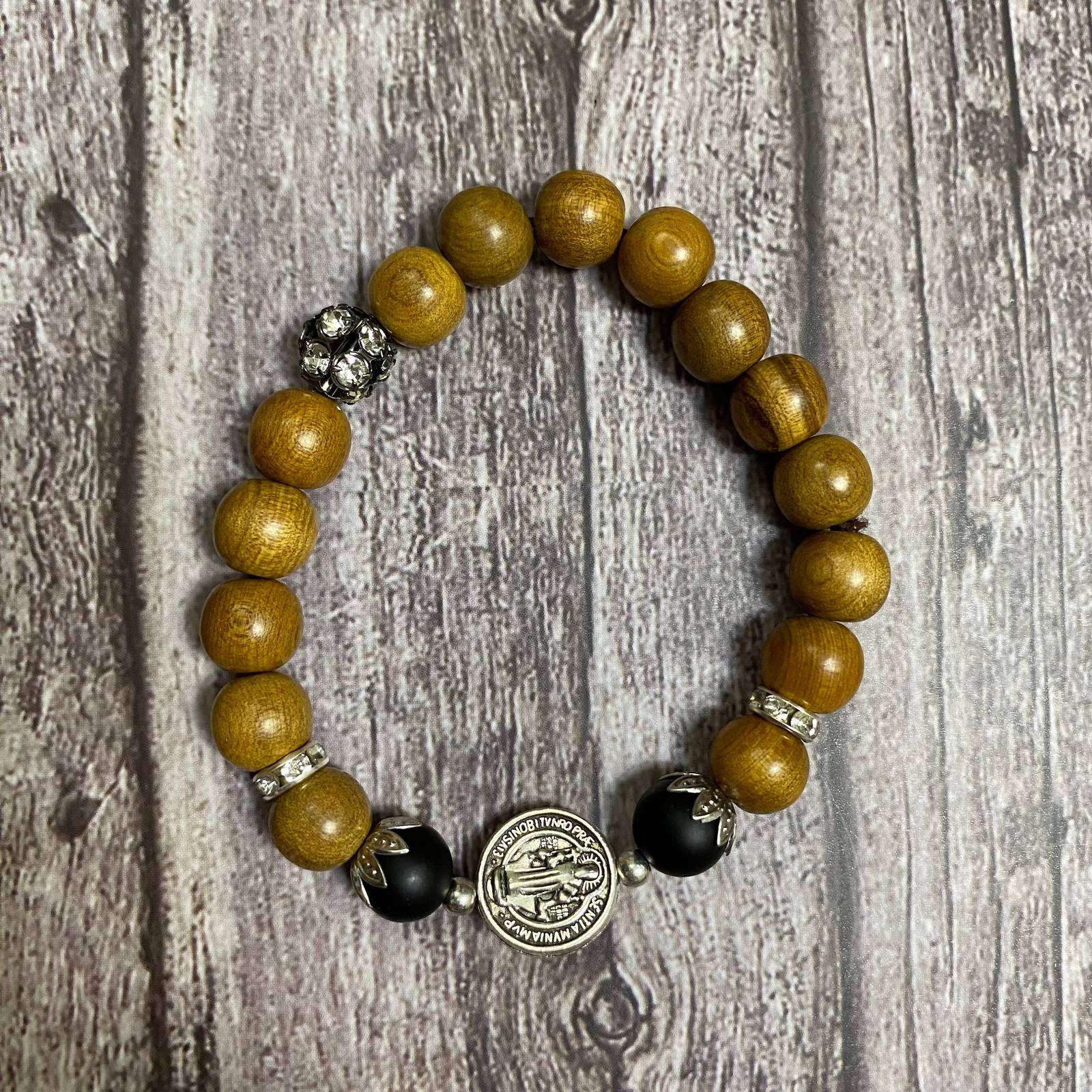 Wooden Catholic Bracelet with attached black gemstone beads,Christian Br... - $17.90