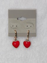 NEW 1&quot; Gold Huggie Heart Drop Earrings Puff Red Enamel Double Sided - £7.94 GBP