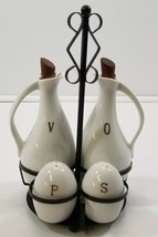 I) Vintage Danish Modern Oil Vinegar Salt Pepper Cruet Set Metal Holder ... - $19.79