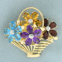 Rainbow Gemstone and Diamond Flower Basket Pin in 14K Yellow Gold - $790.00