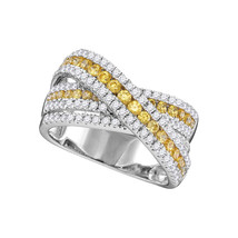 14kt White Gold Womens Round Canary Yellow Diamond Crossover Fashion Band Ring - £1,842.61 GBP
