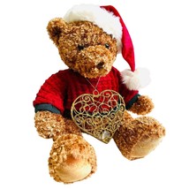 Christmas Teddy Bear Vintage Plush Toy 2001 Heart Ornament Santa Hat 16&quot; Jointed - £14.78 GBP