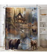 Cabin Lodge Bear Deer Country Forest Fabric Shower Curtain, Modern Rusti... - $29.59