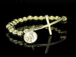 Men Women Cross Bead Stretch Bracelet 18k Gold Plated Hip Hop Fashion - £5.56 GBP