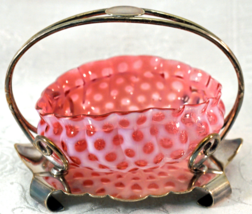 Antique Opalescent Unique Shape Cranberry Glass Bowl Silverplate Holder - £118.95 GBP