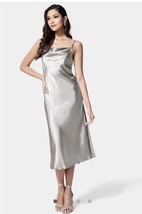 Bebe NWT Platinum Silver Cowl Neck Midi Slip Dress Medium Silky Formal Sexy Shin - £18.43 GBP