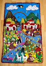 Handmade Peruvian Arpillera Wall Hanging Quilt 3D Folk Art Village Scene... - $138.60