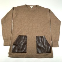 J Crew Sweater Jumper Mens S Brown Crew Neck Faux Leather Merino Wool Pockets - £20.91 GBP