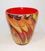 Stunning Art Glass Yellow Orange Purple White Red SWIRL/DRAPE Design 8 1/2&quot; Vase - £85.89 GBP