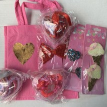 Girls Valentine’s Favors Gift Set Hearts Ice Cream Hair Clips &amp; Hair Ties Lot - £14.23 GBP