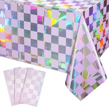 3Pack Iridescent Checkered and Purple Plastic Tablecloths Shiny Disposable Laser - £18.78 GBP