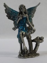 Pewter Fantasy Figurine Fairy Faerie (Blue Glitter) w/ Mushrooms 3-3/4&quot; Tall - £12.04 GBP