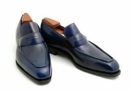 Handmade Men&#39;s Leather Loafers &amp; Slip Ons Blue Stylish Classic Formal Shoes - £100.78 GBP