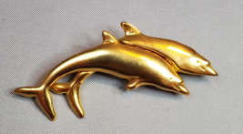 Double Breaching Leaping Dolphin Pin Brooch Gold Tone 2-7/8&quot; Fashion Jewelry - £11.01 GBP