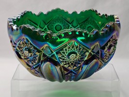 Vintage LE SMITH Carnival Glass QUINTEC EMERALD 8.5&quot; Iridescent Bowl Dish - $728.79 MXN