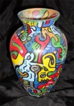 MARCUS KOHL Handpainted VASE Signed Bottom 2001 9-1/2&quot; tall Keith Haring Feel - £723.04 GBP