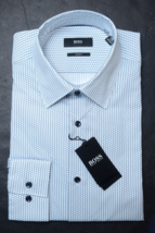 HUGO BOSS Hommes Jano Slim Fit Bleu Pastel Hexagone Imprimé Robe Coton Shirt 38 - £51.07 GBP