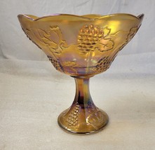 Large 8 1/2 Pedestal Fruit Bowl Amber Carnival Glass Grapes Leaves Iridescent - £9.20 GBP