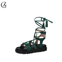 GOXEOU Women&#39;s Sandals Dark Green Suede Lace Up Strap Hanging Ear Decoration Fas - £42.08 GBP