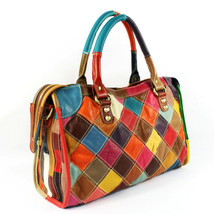  Genuine Leather Women&#39;s Bag Shoulder Bag Rhombic Color-Matching Cowhide... - £65.26 GBP