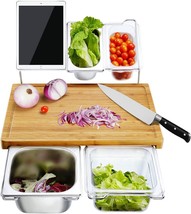 Kitchen Bamboo Cutting Boards set w 4 Containers &amp; Space for Tablet NEW - £51.27 GBP