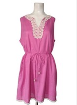 Mud Pie Bag Lady Cotton Belted Shift Dress Size L Pink Pockets Crotchet Lace  - £13.51 GBP