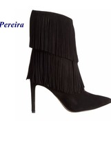 Pointed Toe Fringe Flock Boots Zipper Ankle Thin Heels New Arrival Winter Solid  - £147.89 GBP