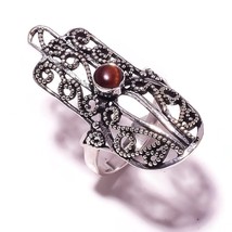 Tigers Eye Gemstone 925 Silver Overlay Handmade Oxidised Antique Hamsa Ring US-9 - £9.34 GBP