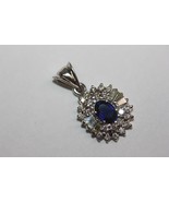 14K Yellow Gold (Rhodium Plated) Diamond Halo Oval Pendant Blue Stone 3.8gr - $702.86 CAD