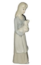 Glazed Ceramic Girl with Sheep Lamb Figurine Muted Blue Unbranded 7.5&quot; - £11.95 GBP